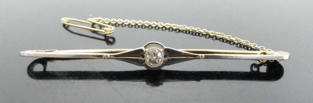 A 15ct gold platinum faced diamond set safety pin bar brooch with safety chain, the bezel set