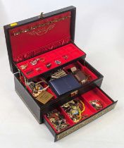 A fitted jewellery box and contents of assorted costume, lady's fashion watch etc