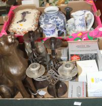 Two boxes of ceramics and metalware, to include a pewter flagon and Victorian pottery tureen