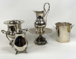 A collection of silver plated wares to include two wine buckets, two jugs, and a cakestand (5)