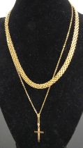 A modern 9ct gold meshlink necklace, 40cm; together with a 9ct gold cross pendant, 8g; and a gilt