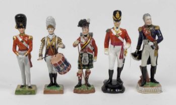 A collection of five porcelain figures of soldiers, to include Royal Worcester and Dresden examples,