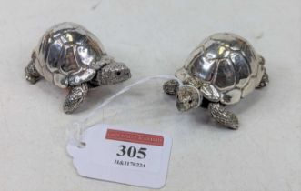 A pair of Elizabeth II filled silver models of tortoise, length 6cm Makers mark CA.Some surface
