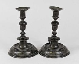 A pair of pewter table candlesticks, height 24cm