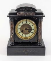 A Victorian black slate and rouge marble mantel clock, the enamel chapter ring showing Roman