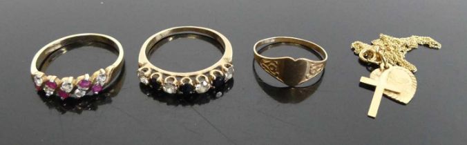 A modern 9ct gold, blue and white sapphire set half hoop ring, size M; together with a 9ct gold,