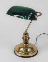An early 20th century style banker's desk lamp having green glass shade, and a brass base, height
