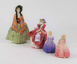 A Royal Doulton figure of a lady "Rhoda", height 26cm; together with three others Rhoda – crazing to