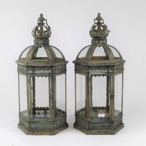 A pair of painted metal glazed hexagonal lanterns, height 60cm
