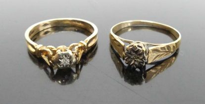 A modern 9ct gold diamond point set dress ring, size L; together with one other similar, the diamond