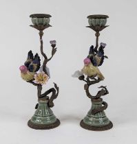 *A pair of ornate table candlesticks, each modelled as a bird perched in a flowering tree, height