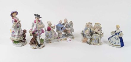 A collection of five continental porcelain figures and figure groups, largest height 25cm