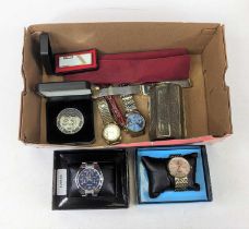 Assorted gent's quartz fashion watches, sundry modern coinage, pocket cigarette lighter etc