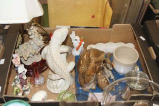 Glass and ceramics to include a Royal Belvedere Pottery deer group, and a Belleek shell dish