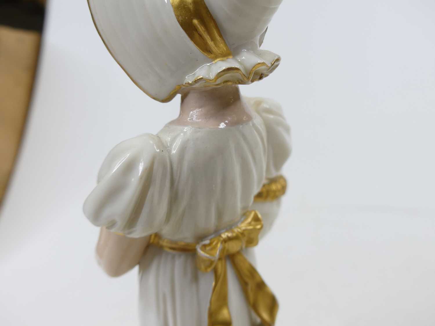 A Royal Worcester Kate Greenaway porcelain figural spill vase, in the form of a girl holding a - Image 5 of 11