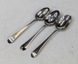 Three 18th century silver teaspoons, marks rubbed, 1ozt