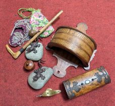 A collection of miscellaneous items to include a Victorian piquet work burr walnut dome top box