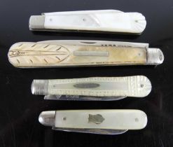 A late 19th century silver and mother of pearl bound pocket fruit knife, 9cm; together with three