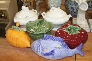 A collection of six Jolly Souper Portugese novelty tureens, to include a fish, carrot, cabbage and