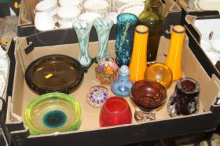 A collection of 20th century coloured glass, to include vases and paperweights