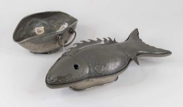 A 20th century Chinese pewter tureen and cover in the form of a catfish having green glass eyes,