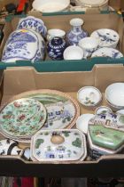 Two boxes of Chinese ceramics to include two enamel decorated celadon glazed side plates