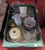 A collection of glassware, to include four coloured glass oil lamp shades and various tableware