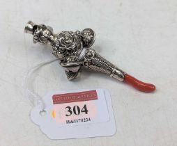 A Victorian silver baby's rattle, with coral teether, Birmingham 1844, 0.6ozt