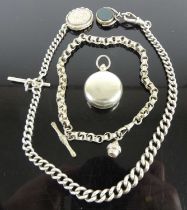 A silver graduated curblink watch chain with bloodstone and agate swivel fob pendant, T bar, and