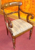 A 19th century simulated rosewood bar back single scroll elbow chair on turned forelegs, width 54cm
