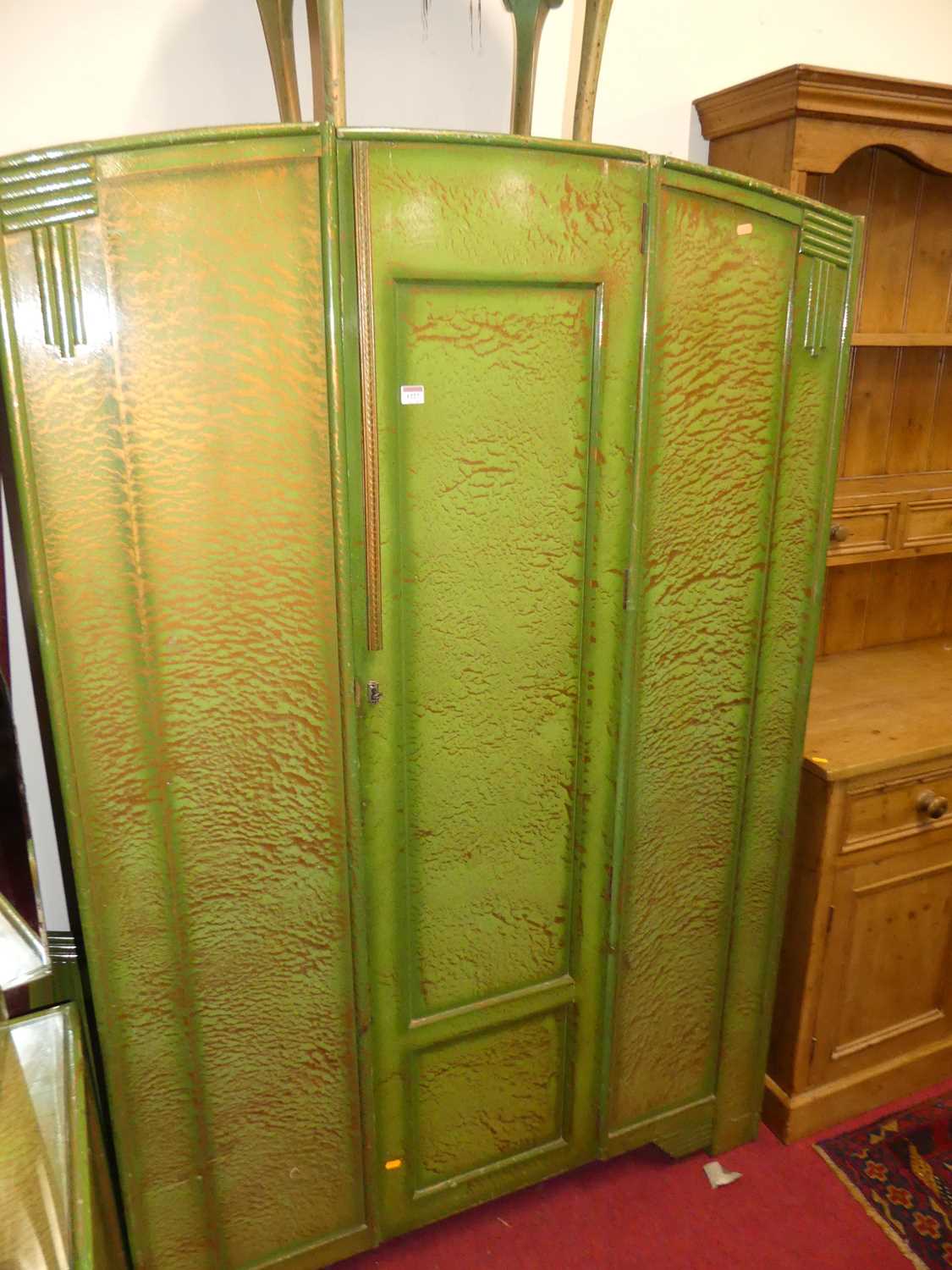 A 1930s green and gilt scramble-finish ply bedroom suite, comprising single door wardrobe, - Image 3 of 3