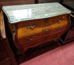 *A contemporary French walnut and crossbanded bombe commode, having a green variegated shaped marble