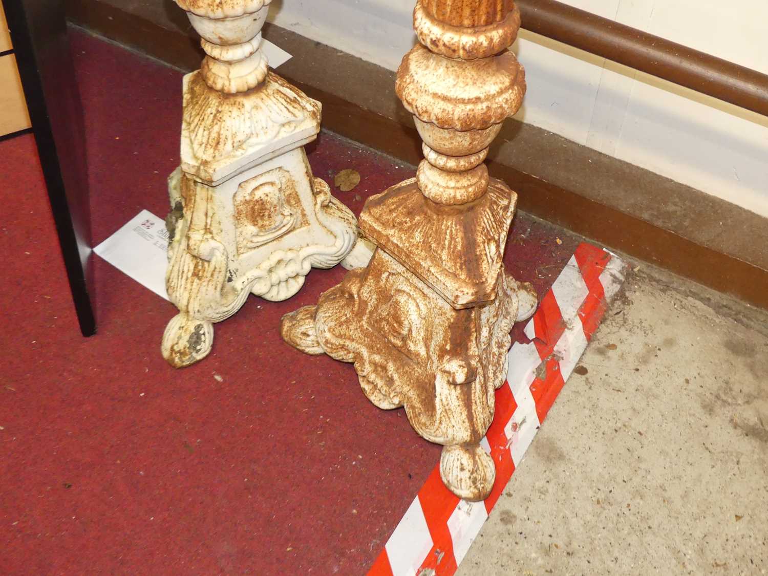 A pair of cast iron freestanding pricket floor sticks, in the classical taste, each with knopped and - Image 2 of 2