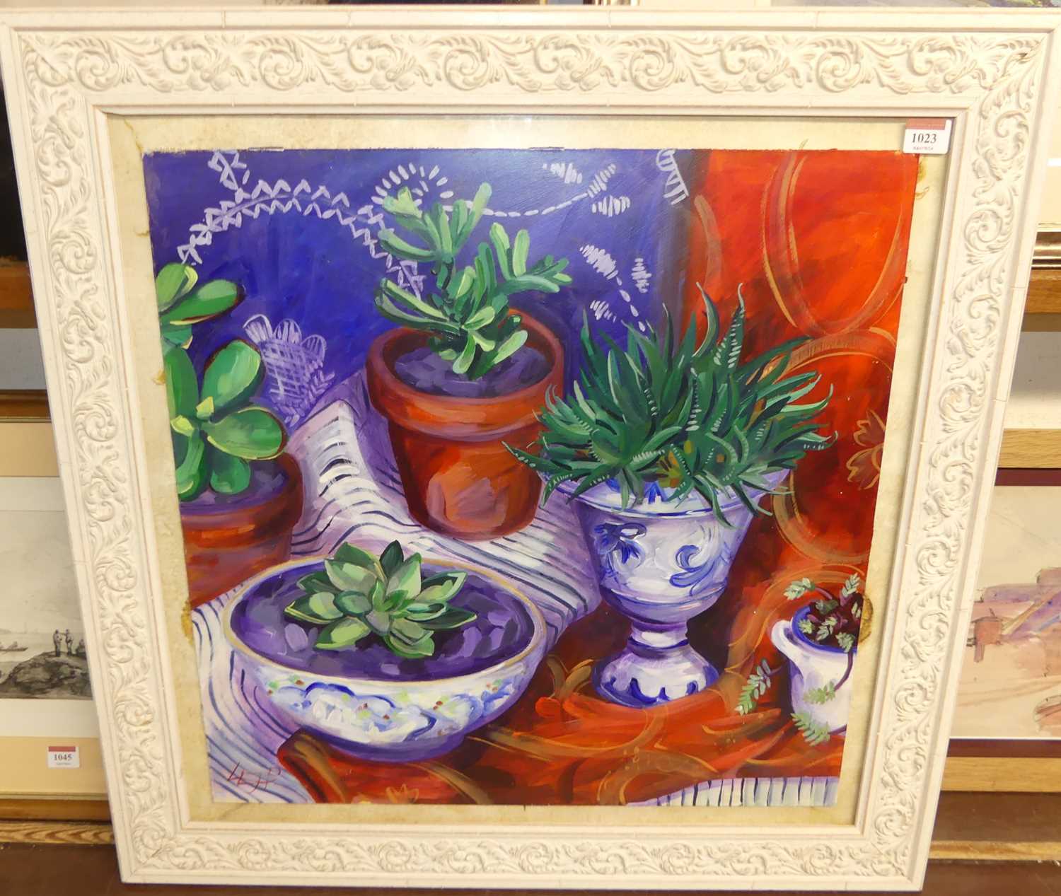 Contemporary school - still life with crocus plants in various bowls, acrylic, 55x55cm