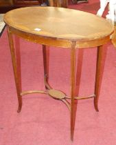 An Edwardian mahogany and satinwood inlaid oval occasional table, w.71cm