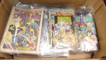 A tray containing various comic related magazines to include Marvel, The Spectacular Spiderman, DC