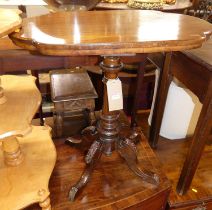 A Victorian walnut shaped fixed top pedestal tripod occasional table (a marriage), w.69cm