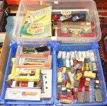 Three boxes containing loose and boxed modern issue diecast to include Dinky Classic Sports Cars