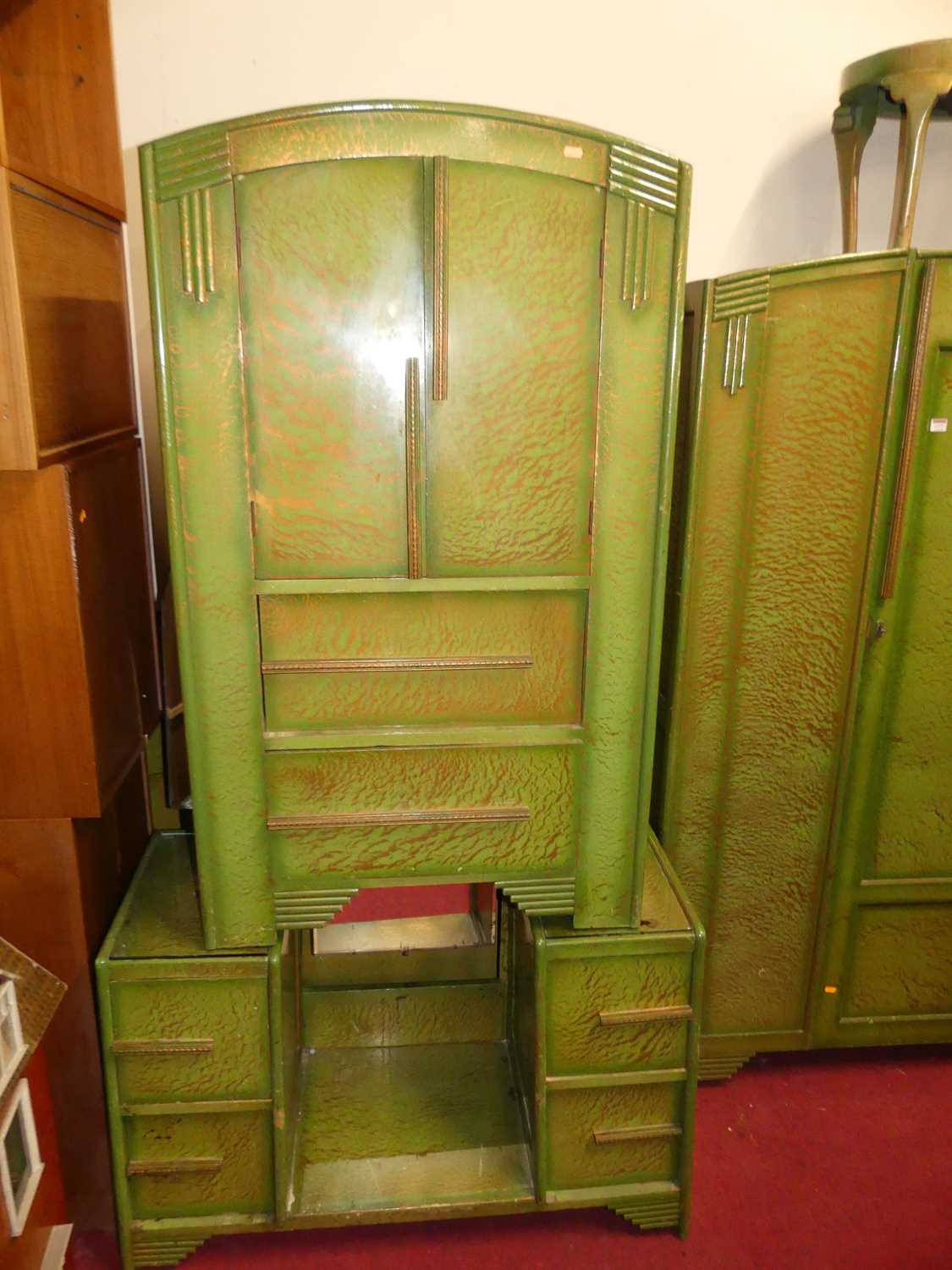 A 1930s green and gilt scramble-finish ply bedroom suite, comprising single door wardrobe, - Image 2 of 3