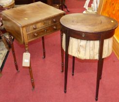 A Regency mahogany dropflap two drawer work table, raised on ring turned supports to castors, w.46cm