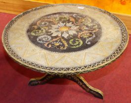 An early 20th century Continental floral polychrome painted circular low tilt-top pedestal