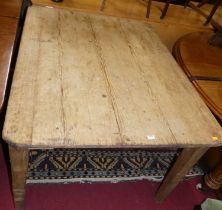 A Victorian plank topped rustic pine round cornered farmhouse kitchen table, on square tapering