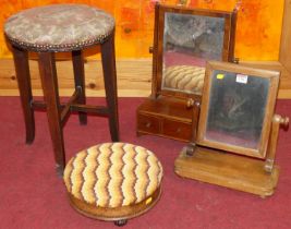 19th century occasional furniture to include; two mahogany toilet mirrors, a circular dressing stool