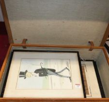 A leather suitcase containing satirical prints, overpainted portrait prints etc