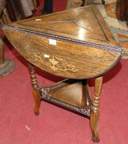 A late Victorian rosewood and floral satin wood inlaid triangular drop flap two-tier occasional