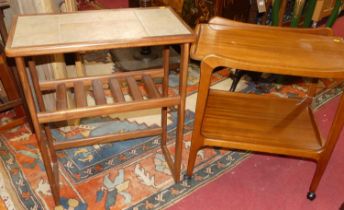 A 1970s teak and tile top inset side table, having a laddered undertier, w.64cm; together with a
