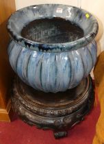 *A large stoneware turquoise drip-glazed planter, h.38cm, dia.45cm; together with an early 20th
