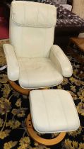 A contemporary formed laminate framed and cream leather upholstered swivel arm chair, together