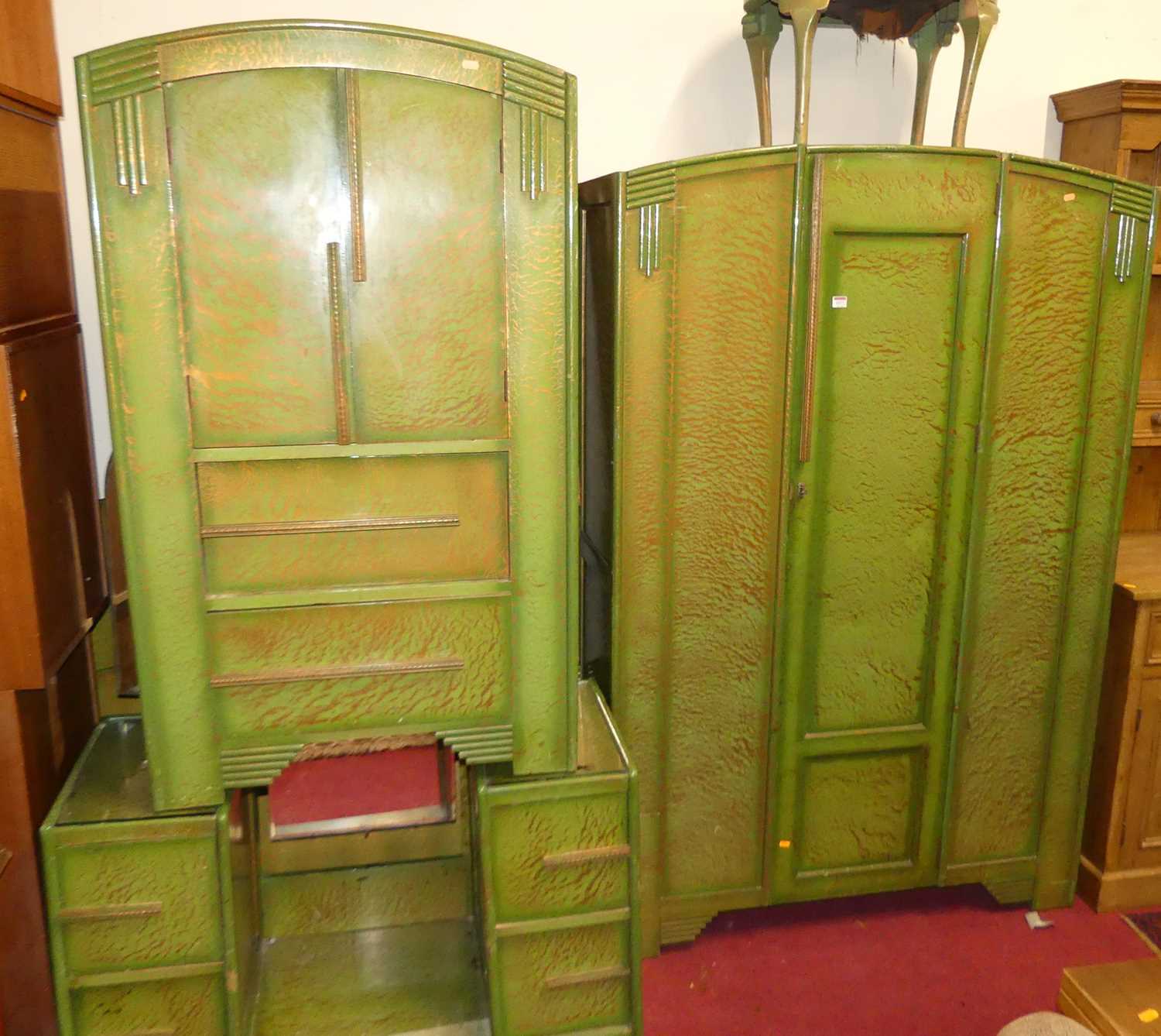A 1930s green and gilt scramble-finish ply bedroom suite, comprising single door wardrobe,