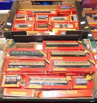 Three boxes containing 00 gauge Hornby Railways related items to include LNER coaches, rolling stock